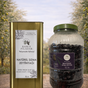 Ekonomik Paket 1 – Olgun Hasat Natürel Sızma Zeytinyağı 5 Lt Teneke + 2 No Yuvarlama Siyah Zeytin 3 kg